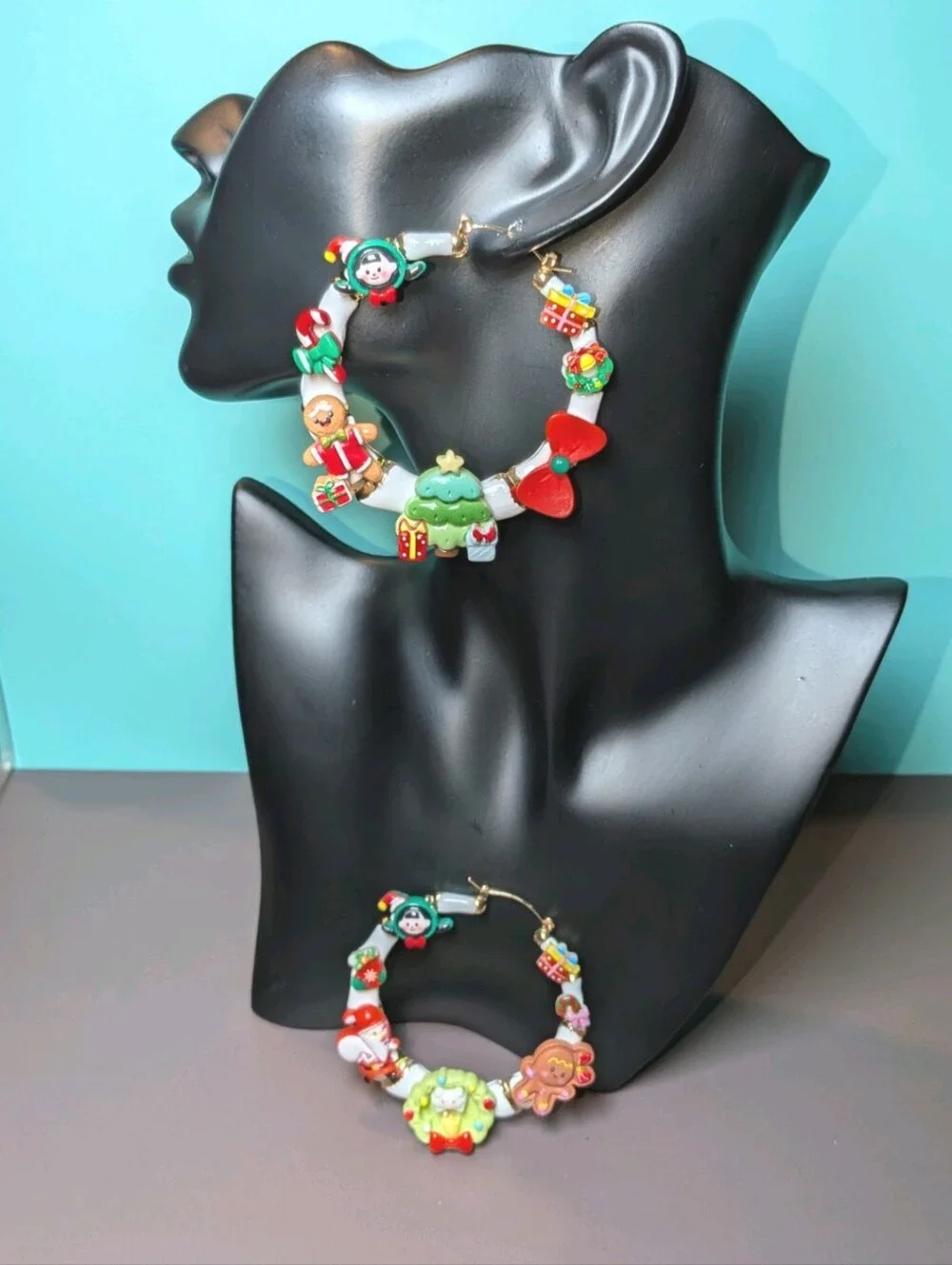Hand Crafted Christmas Charm Medium Hoop Earrings in Red, Green, White & Gold
